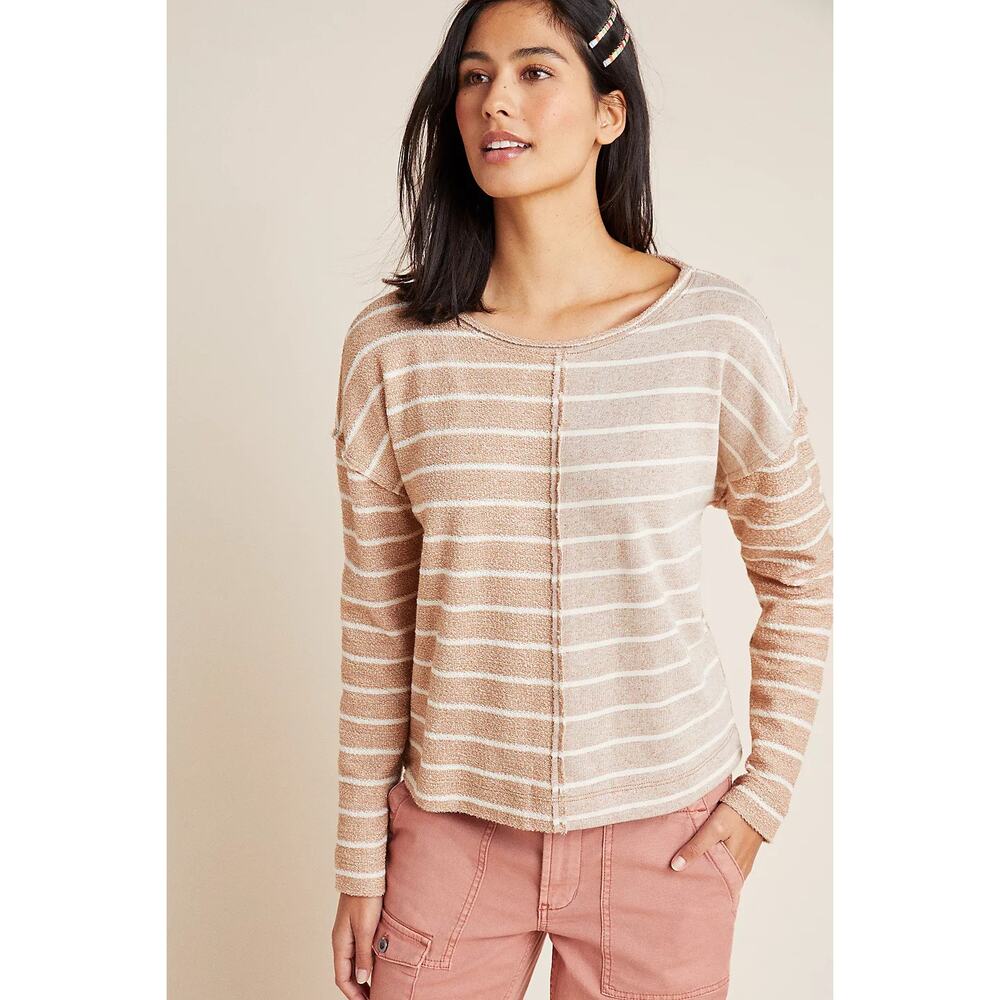 Anthropologie Womens Sweatshirt Size XS Devin Textured Striped Tan Cream
